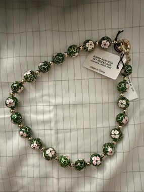 Hand-Painted Green Floral Bead Necklace- cloisonne